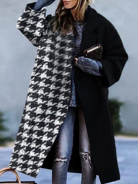 

Houndstooth Color-block Long Sleeves Plus Size Casual Outwear, Black-white, Coats & Jackets