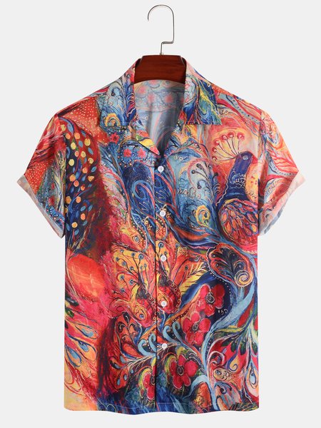 

Men's Ethnic Elements Graphic Print Short-Sleeved Shirt, Red, Shirt