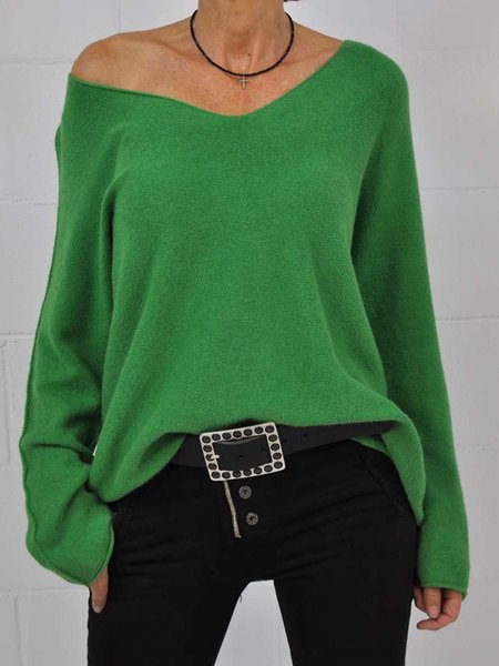 

V Neck Simple Vintage Casual Basics Loosen Sweater, Green, Knitwear & Sweaters