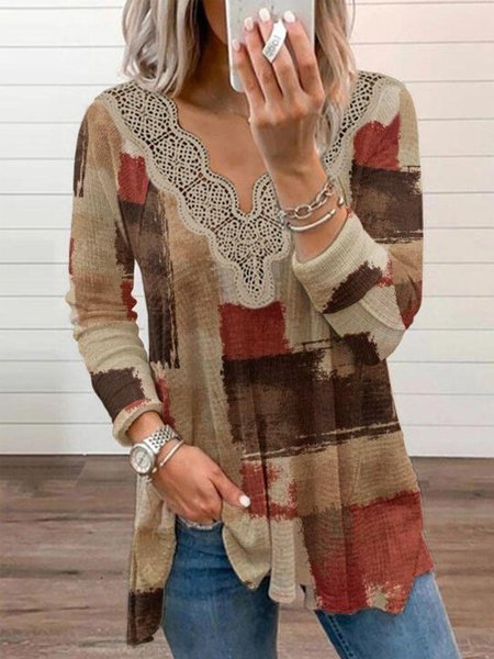 

Colore-block Geometrico Stampato Maniche Lunghe Pizzo Scollo a V taglia grande Casuale Top, Multicolore, T-Shirts