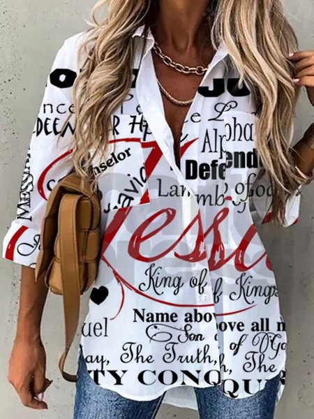 

Letter Shirt Collar Regular Fit Blouse, White, Shirts & Blouses