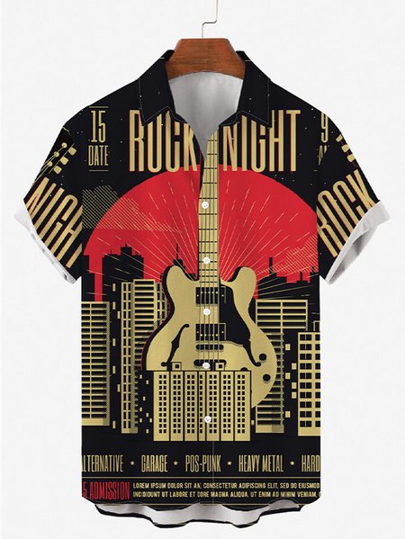 

Mens Guitar Music Print Round Hem Loose Short Sleeve Shirts, Black, Men's Floral shirt
