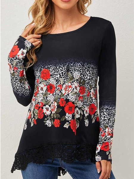 

Floral Loosen Crew Neck Shirts & Tops, Black, T-Shirts