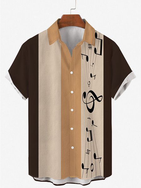 

Mens Sheet Music Notes Print Round Hem Loose Short Sleeve Shirts, Khaki, Shirts ＆ Blouse
