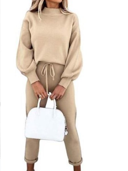 

Daily Casual Solid Suits Top With Pants, Khaki, Two-piece Set