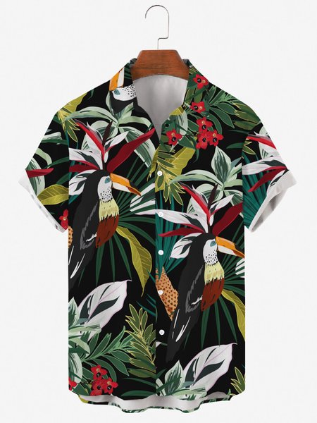 

Mens Tropical Parrots Print Round Hem Loose Short Sleeve Shirts, Black, Shirts ＆ Blouse