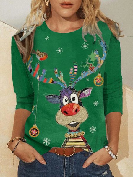 

Christmas Xmas Long Sleeve Round Neck Plus Size Printed Tops T-shirts, As picture, T-Shirts