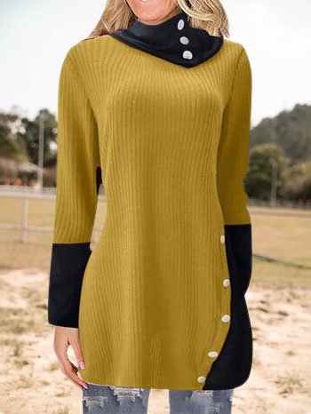 

Color Block Casual Cowl Neck Long Sleeve Shirts & Tops, Yellow, Tunics