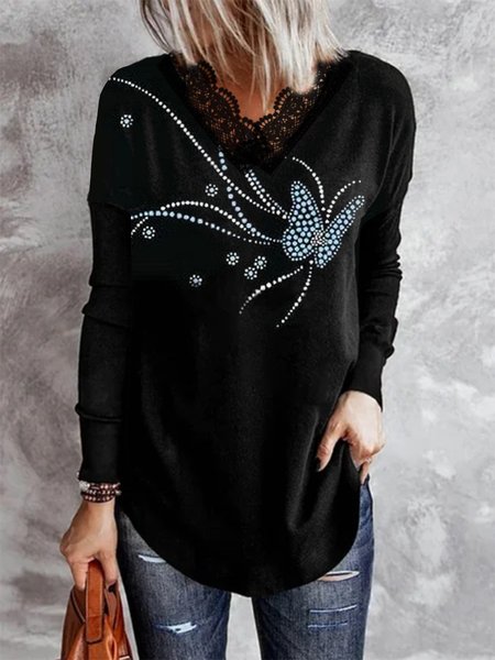 

V Neck Long Sleeve Butterfly T-shirt, Black, T-Shirts