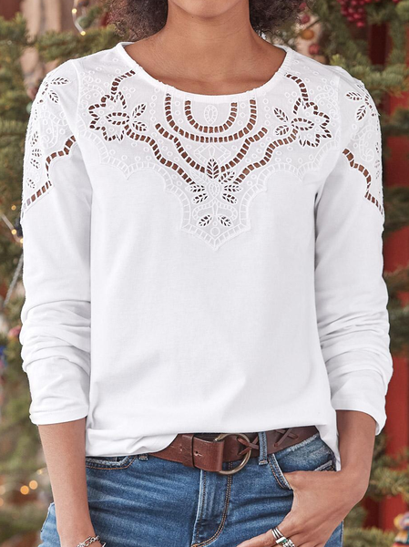 Casual Cotton Blends Crew Neck Shirts & Tops, White, Long sleeve tops