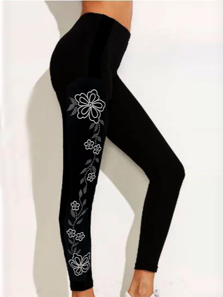 

Regular Fit Cotton Blends Floral Pants, Black, Leggings