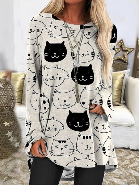 

Casual Cute Cat Raglan Sleeve Shirts & Tops, As picture, Tunics