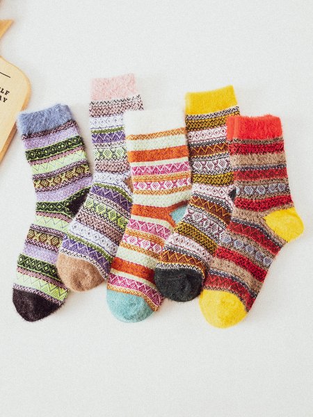

5 Pairs Of Ethnic Style Mink Velvet Thick Warm Socks, As picture, Socks
