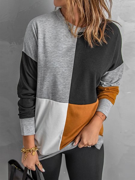 

Color Block Casual Crew Neck Shirts & Tops, As picture, T-Shirts