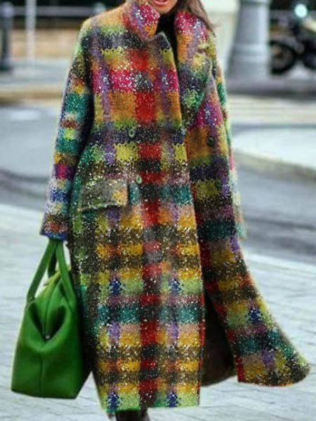 

Lapel Casual Checked/Plaid Outerwear, Multicolor, Outerwear