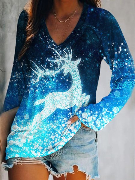 

Casual V Neck Christmas Printed Loosen Shirts & Tops, Blue, Tops
