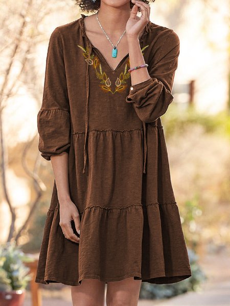 

Boho Floral Embroidered Dresses, Brown, Mini Dresses