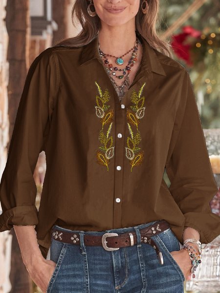

Embroidered Shirt Collar Floral Shirts & Tops, Brown, Blouses & Shirts