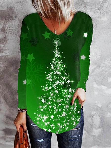 

Christmas Tree Printed Casual V Neck Loosen Shirts & Tops, Green, Tops
