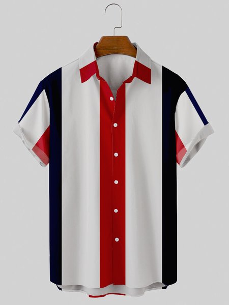 

Mens Striped Print Round Hem Loose Short Sleeve Shirts, White, Men's Floral shirt