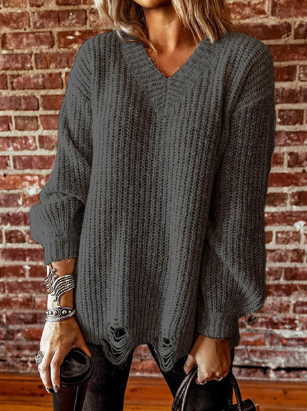 

Cotton Blends V Neck Vacation Sweater, Deep gray, Knitwear & Sweaters