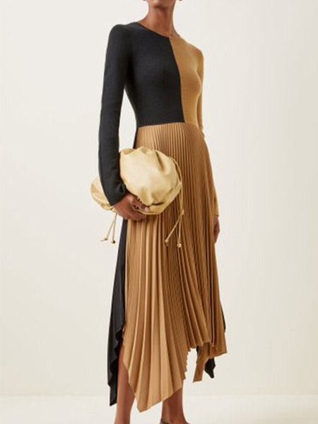 

Lady Long Sleeve Crew Neck Regular Fit Midi Dress, Black-coffee, Maxi Dresses