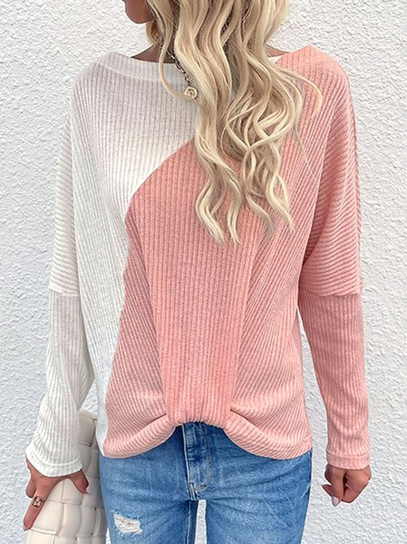 

Color Block Raglan Sleeve Round Neck Casual Pullover Tops, Pink, Long sleeve tops