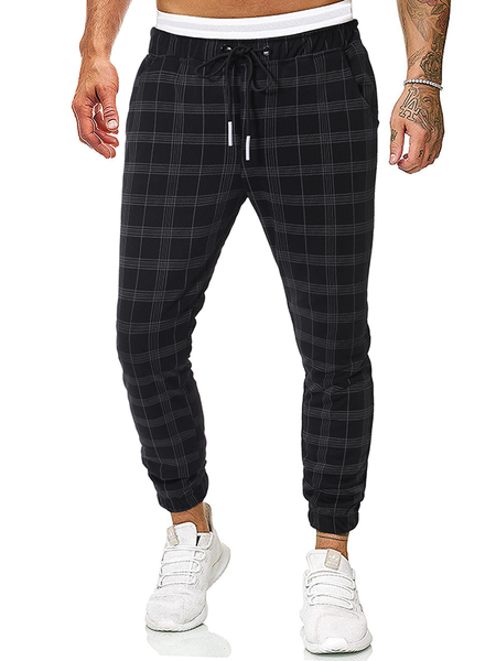 

Men's Plaid Printed Casual Pants, Black, Pants