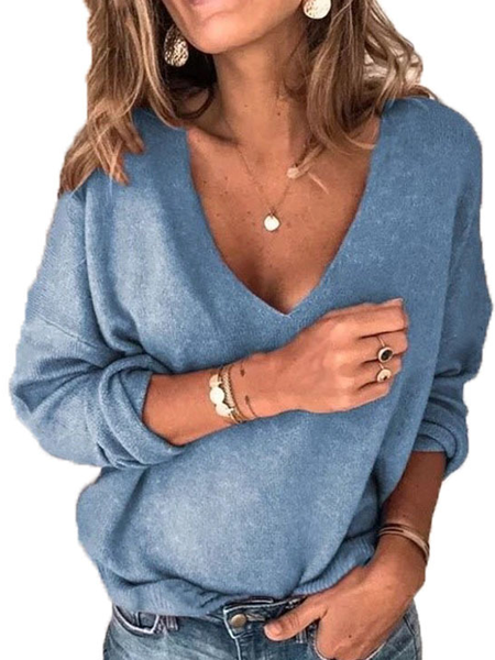 

Cotone Scollo a V Top, Blu, Blouses & Shirts