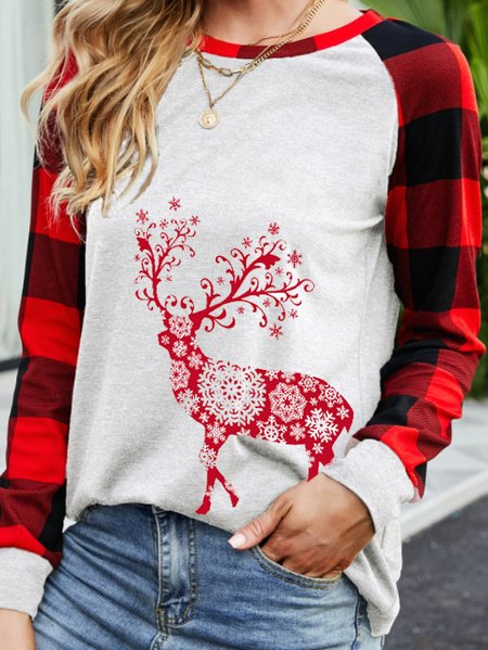 

Deer print round neck check stitching long-sleeved T-shirt, White, Hoodies&Sweatshirts