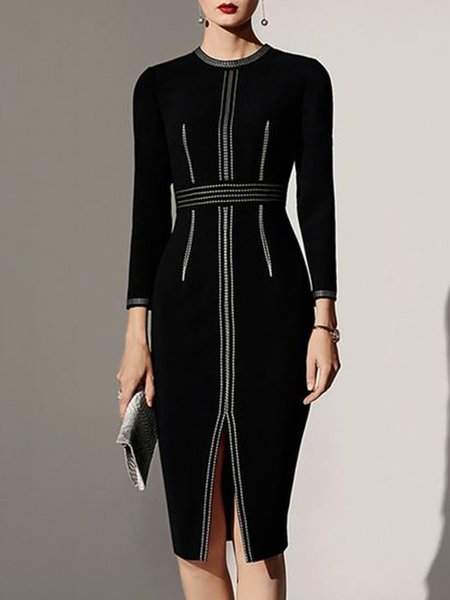 

Elegant Crew Neck Color Block Solid Dress, Black, Midi Dresses