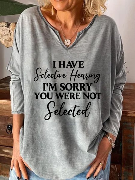 

Act Like An Adult V Neck Casual Letter Tops, Gray, Long sleeves