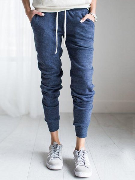 

Casual Plain Regular Fit Drawstring Pockets Pants, Blue, Pants
