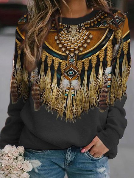 

Geometric Tribal Printed Long Sleeves Crew Neck Plus Size Casual Sweatshits, Multicolor, T-Shirts