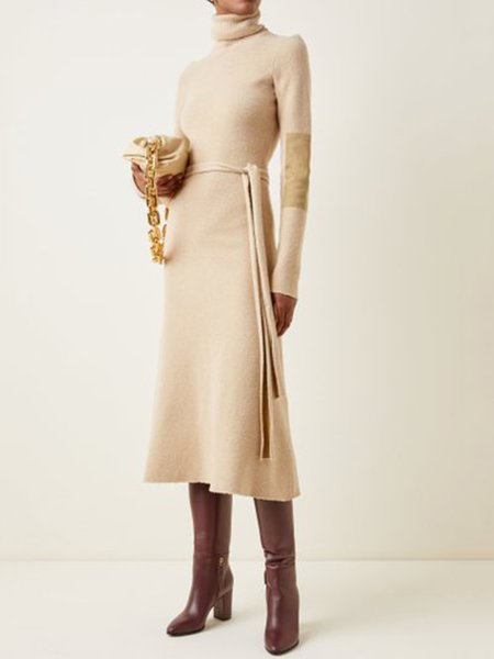 

Long Sleeve Solid Regular Fit Lady Midi Dress, Apricot, Midi Dresses