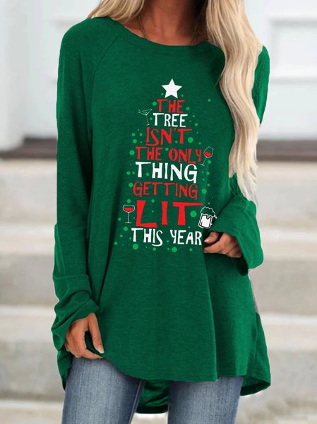 

Christmas text print round neck long-sleeved mid-length top, Green, Hoodies&Sweatshirts