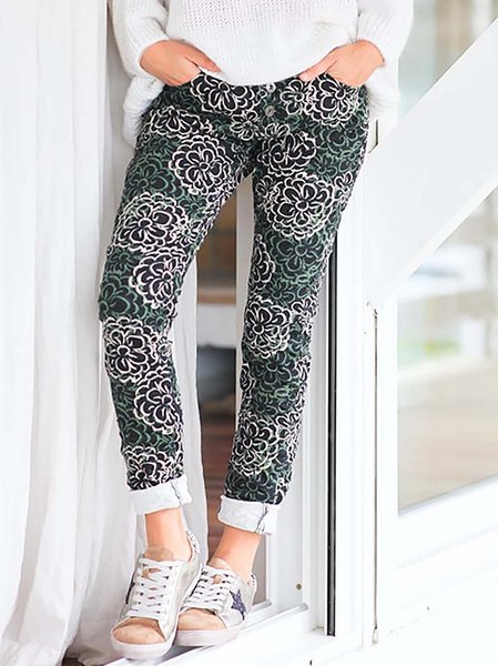 

Vacation Casual Floral Print Elastic Waist Pants, Green, Pants