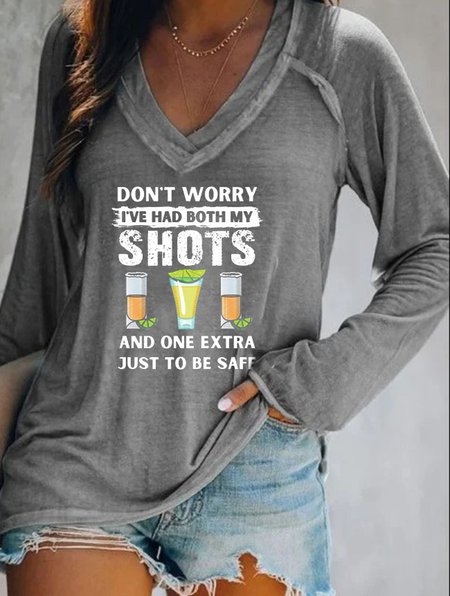

V Neck Casual Letter T-shirt, Gray, T-Shirts