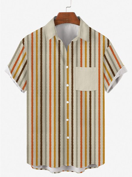 

Mens Striped Print Round Hem Loose Short Sleeve Shirts, Khaki, Men's Floral shirt