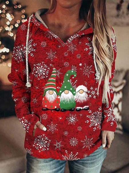 

Santa Claus Snowman Printed Long Sleeves Hoodie Plus Size Casual Sweatshirts, Red, T-Shirts