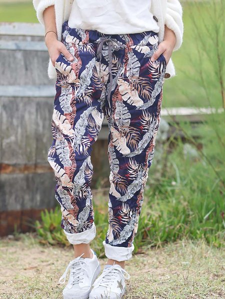 

Leaves Print Holiday Casual Elastic Waist Pants, Navyblue, Pants