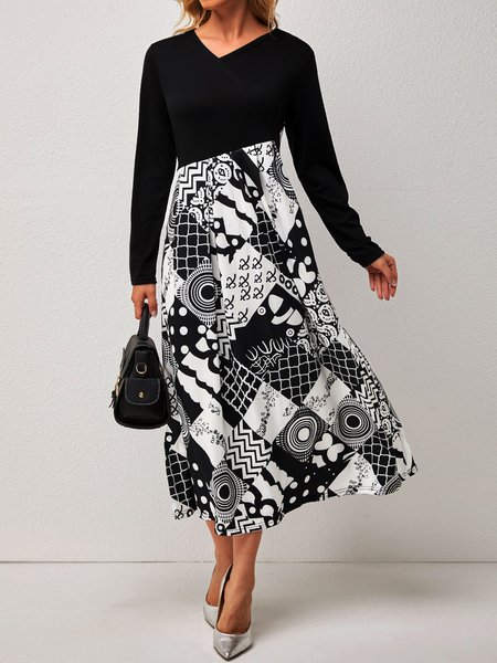 

V Neck Vacation Dresses, Black-white, Casual Dresses