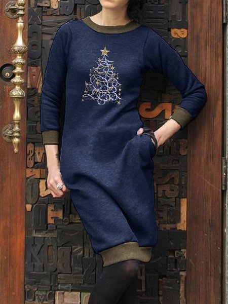 

Sweet Christmas Tree Crew Neck Cotton Blends Dresses, Blue, Mini Dresses