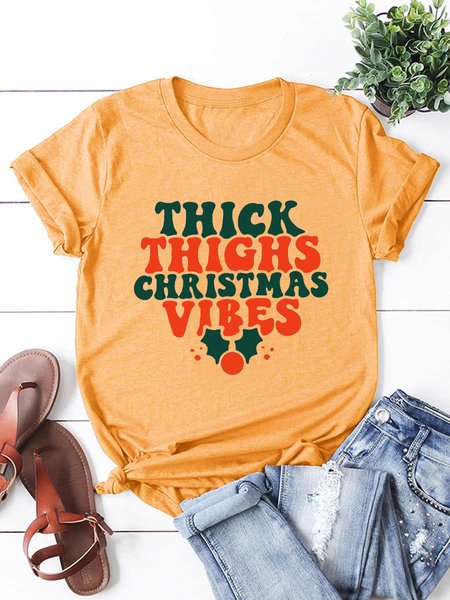 

Christmas text print round neck short-sleeved cotton T-shirt, Yellow, T-shirts