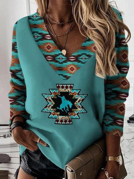 

Geometric Tribal Printed Long Sleeves V Neck Plus Size Casual Sweatshits, Lake blue, T-Shirts