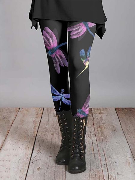 

Vacation Casual Dragonfly Printed Leggings Pants, Black, leggings