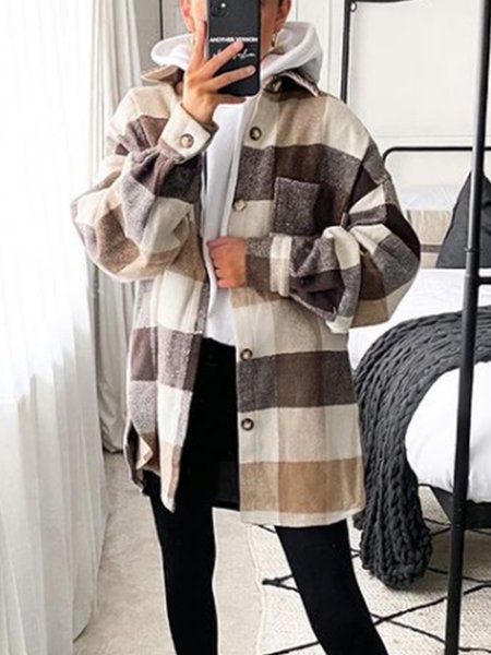 

Drop Shoulder Patch Pocket Button Placket Plaid Coat, Khaki, Coats