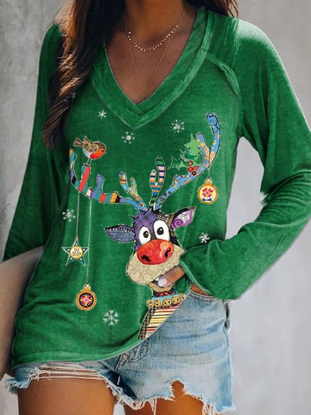 

Natale Stampato Casuale Scollo a V Top, Verde, T-Shirts