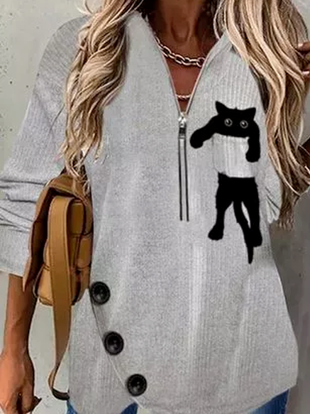 

Cat Animal V Neck Casual Regular Fit Shirts & Tops, Gray, Shirts & Blouses