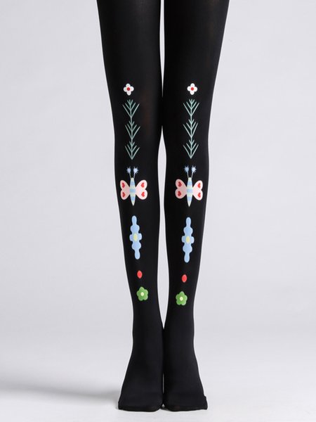 

Simple Flower Butterfly Print Pantyhose, As picture, Socks